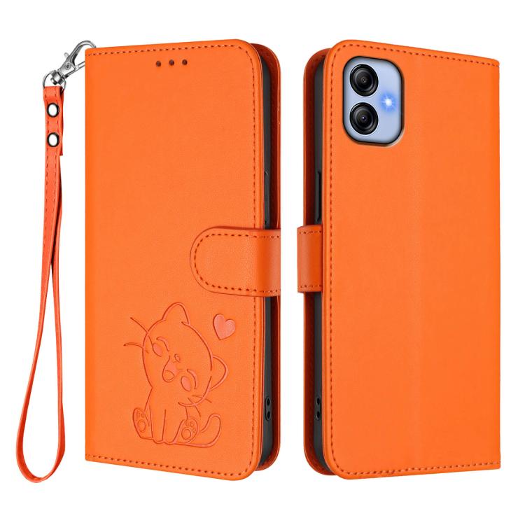 For Samsung Galaxy A04e 4G / F04 Embossed Heart Cat Leather Phone Case with Hand Strap