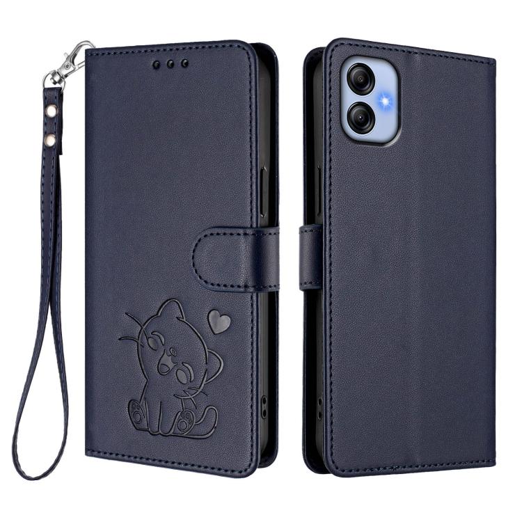 For Samsung Galaxy A04e 4G / F04 Embossed Heart Cat Leather Phone Case with Hand Strap