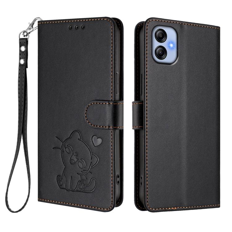 For Samsung Galaxy A04e 4G / F04 Embossed Heart Cat Leather Phone Case with Hand Strap