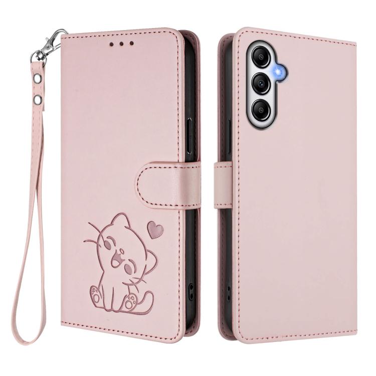 For Samsung Galaxy A54 5G Embossed Heart Cat Leather Phone Case with Hand Strap