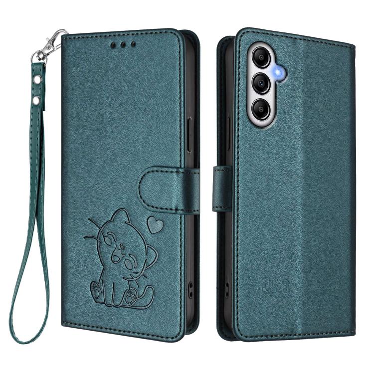 For Samsung Galaxy A54 5G Embossed Heart Cat Leather Phone Case with Hand Strap