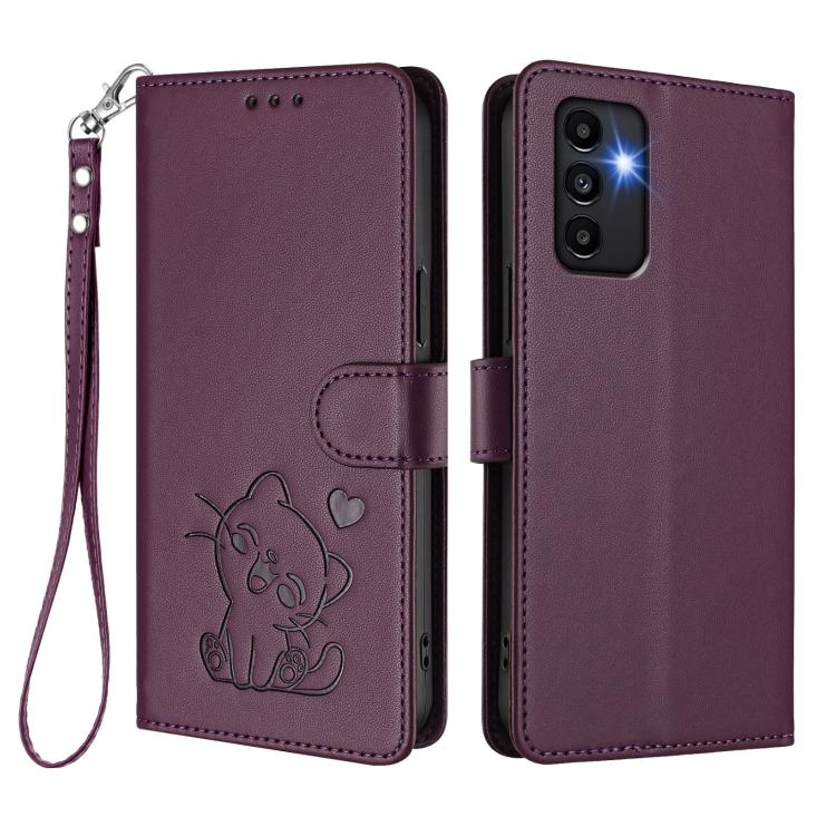 For Samsung Galaxy A13 4G / 5G Embossed Heart Cat Leather Phone Case with Hand Strap