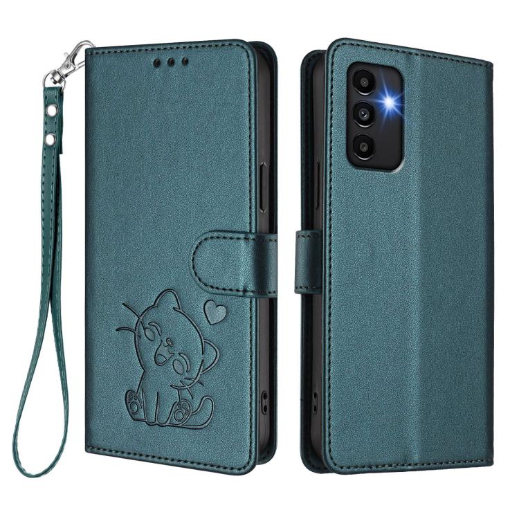 For Samsung Galaxy A13 4G / 5G Embossed Heart Cat Leather Phone Case with Hand Strap