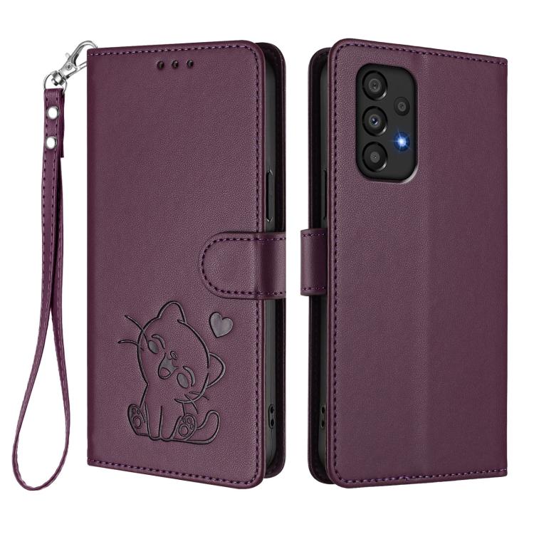 For Samsung Galaxy A53 5G Embossed Heart Cat Leather Phone Case with Hand Strap