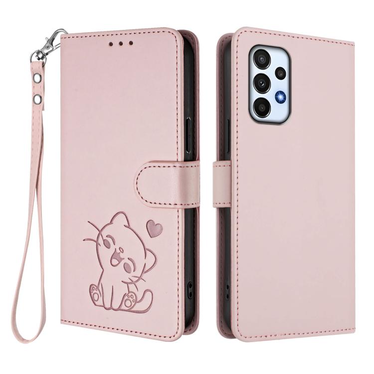 For Samsung Galaxy A73 5G Embossed Heart Cat Leather Phone Case with Hand Strap