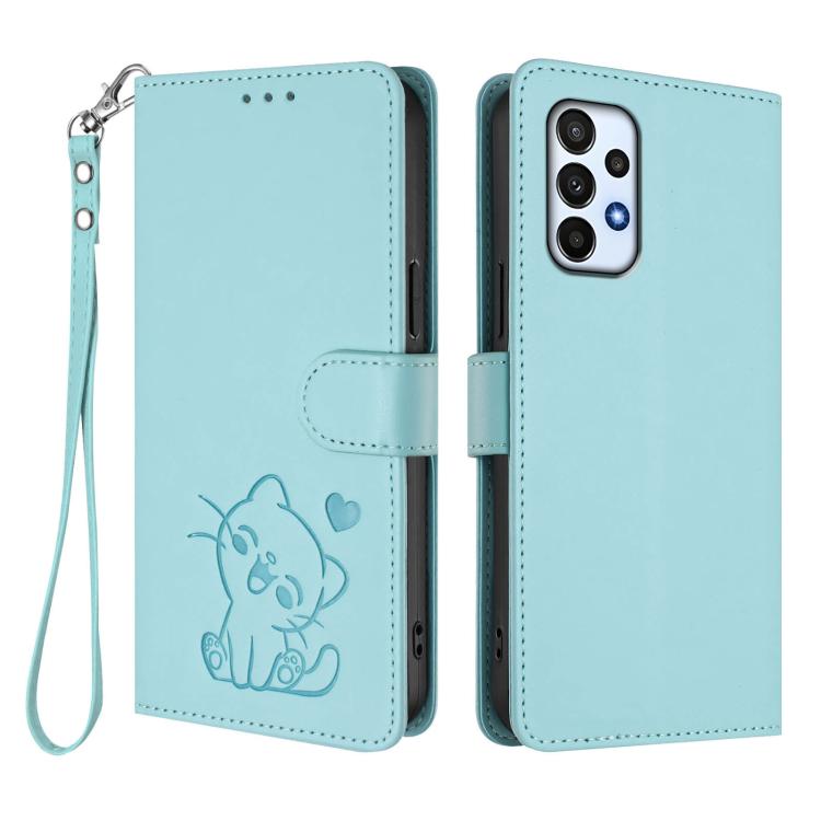 For Samsung Galaxy A73 5G Embossed Heart Cat Leather Phone Case with Hand Strap
