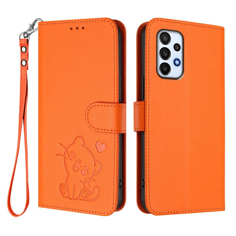 For Samsung Galaxy A73 5G Embossed Heart Cat Leather Phone Case with Hand Strap