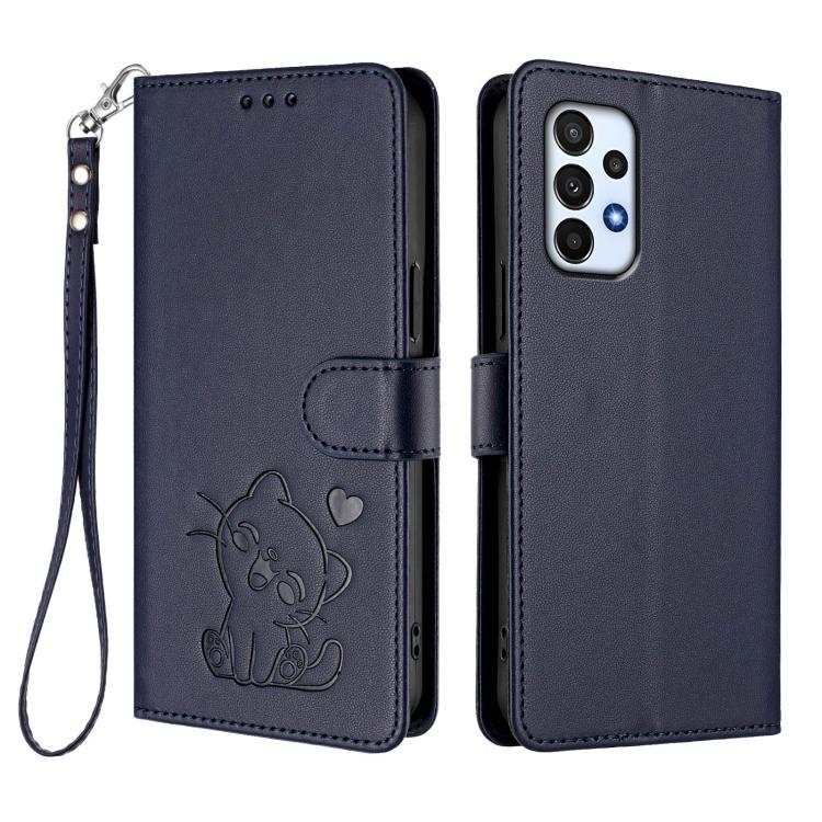 For Samsung Galaxy A73 5G Embossed Heart Cat Leather Phone Case with Hand Strap