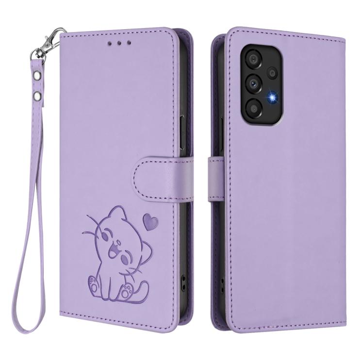 For Samsung Galaxy A33 5G Embossed Heart Cat Leather Phone Case with Hand Strap