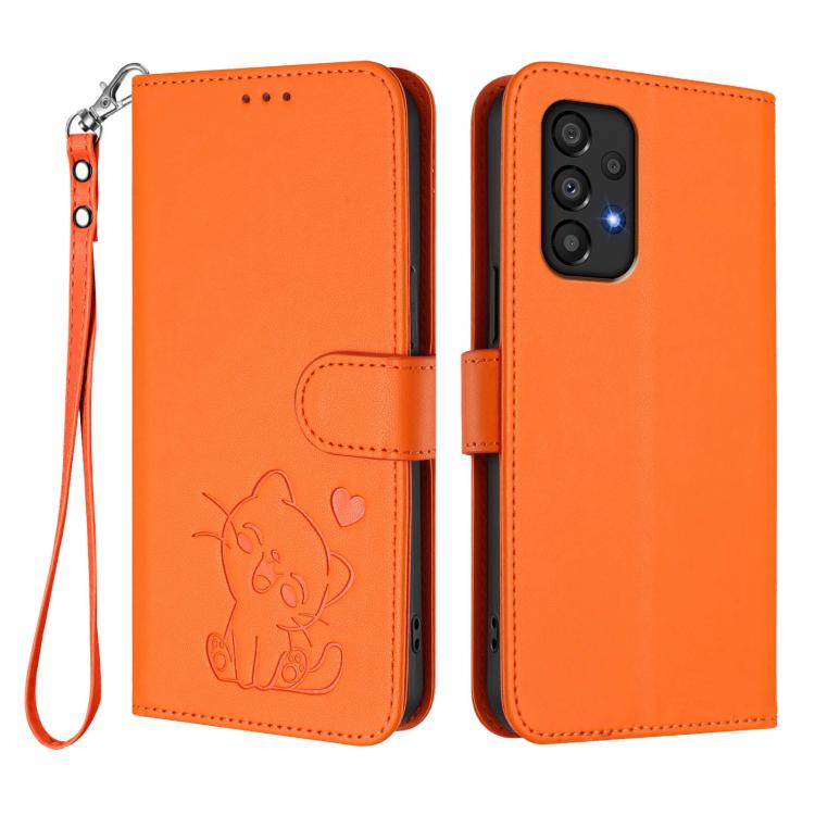 For Samsung Galaxy A33 5G Embossed Heart Cat Leather Phone Case with Hand Strap