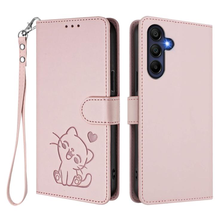 For Samsung Galaxy A16 4G / 5G Embossed Heart Cat Leather Phone Case with Hand Strap