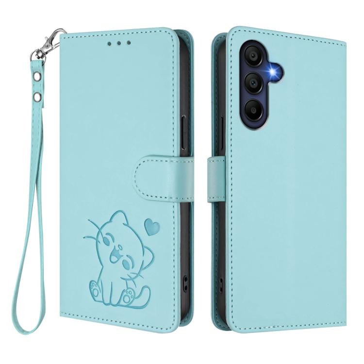 For Samsung Galaxy A16 4G / 5G Embossed Heart Cat Leather Phone Case with Hand Strap