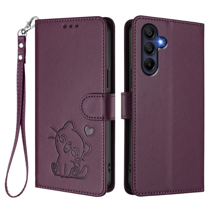 For Samsung Galaxy A16 4G / 5G Embossed Heart Cat Leather Phone Case with Hand Strap
