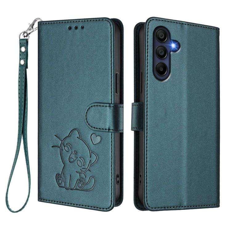For Samsung Galaxy A16 4G / 5G Embossed Heart Cat Leather Phone Case with Hand Strap