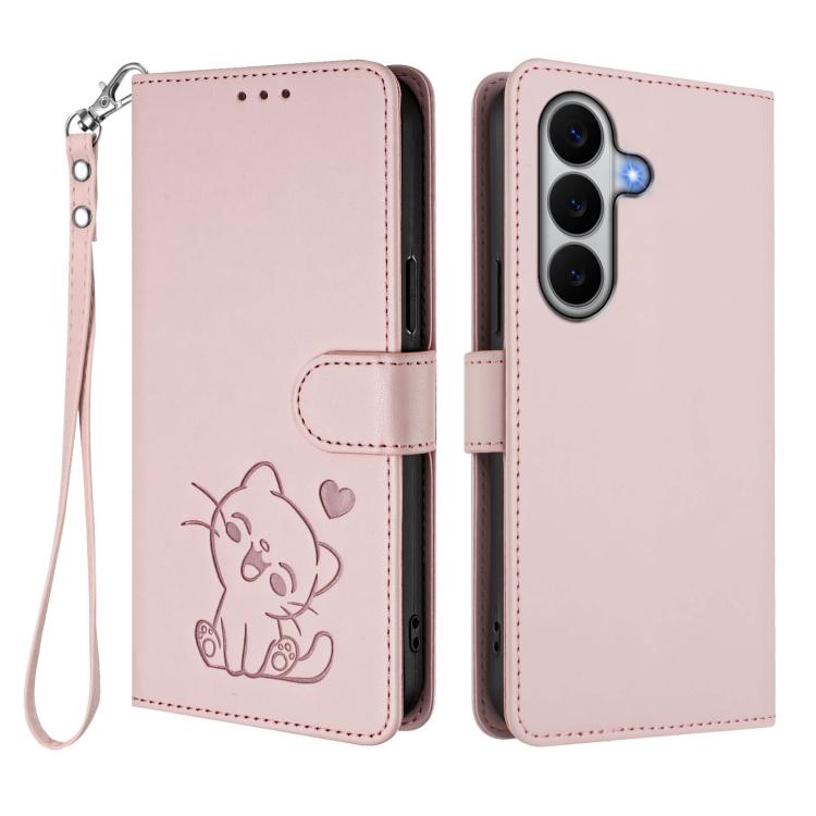 For Galaxy A27 5G Embossed Heart Cat Leather Phone Case with Hand Strap