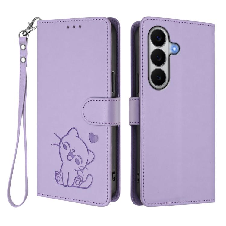 For Galaxy A27 5G Embossed Heart Cat Leather Phone Case with Hand Strap