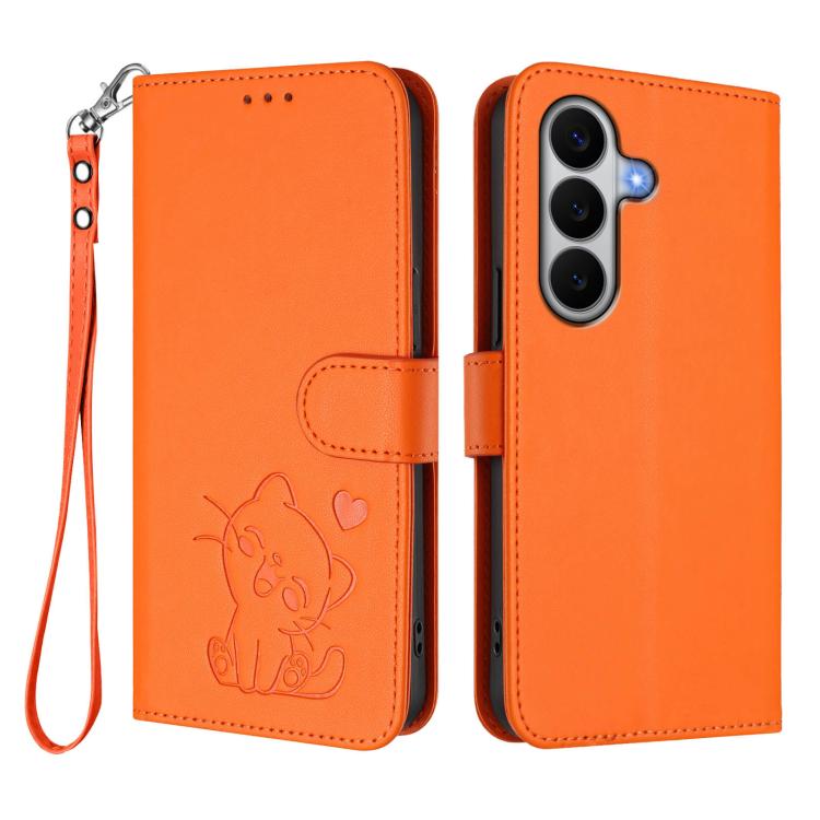 For Galaxy A27 5G Embossed Heart Cat Leather Phone Case with Hand Strap