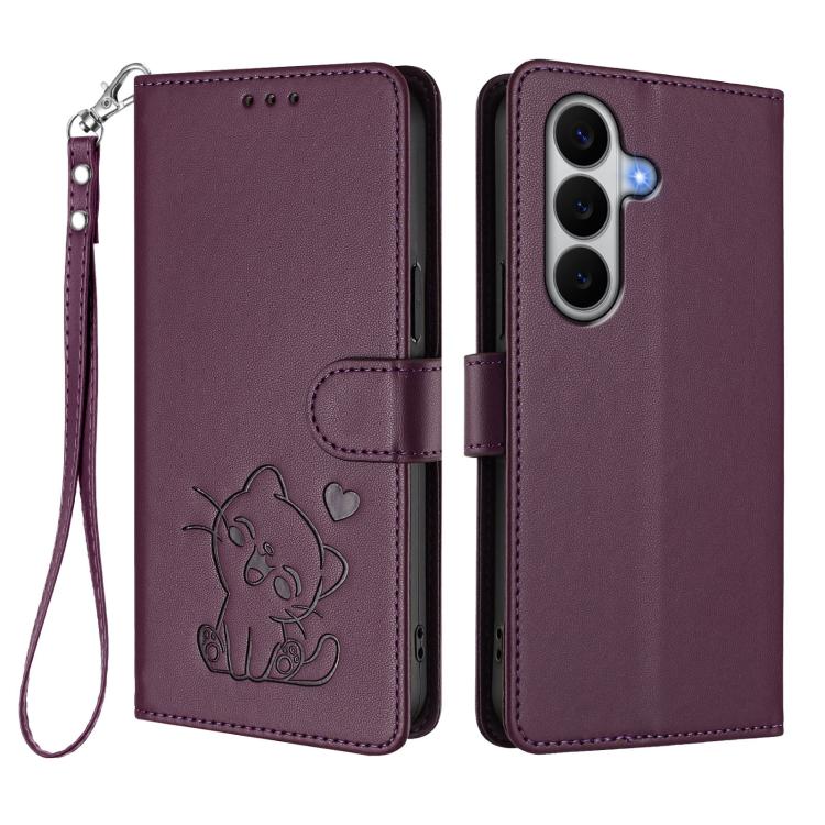 For Galaxy A27 5G Embossed Heart Cat Leather Phone Case with Hand Strap