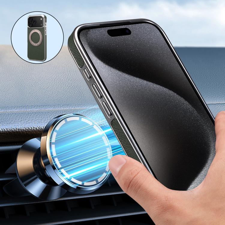 For iPhone 17 Pro Max Denior A23 Magnetic Holder Electroplating Genuine Leather Phone Case
