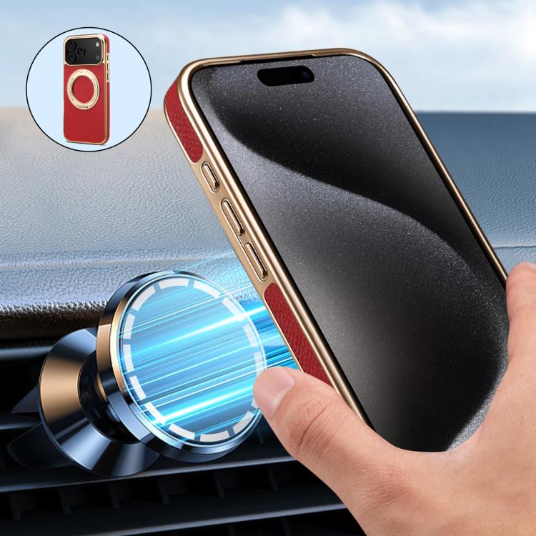 For iPhone 17 Pro Max Denior A23 Magnetic Holder Electroplating Genuine Leather Phone Case