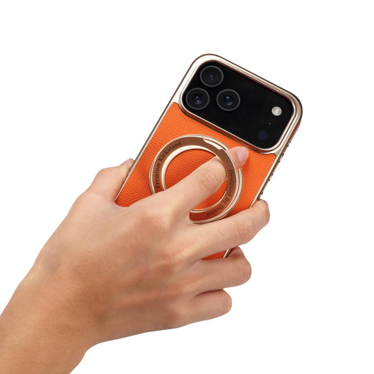 For iPhone 17 Pro Denior A23 Magnetic Holder Electroplating Genuine Leather Phone Case
