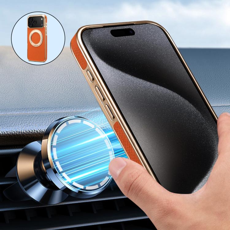 For iPhone 17 Pro Denior A23 Magnetic Holder Electroplating Genuine Leather Phone Case