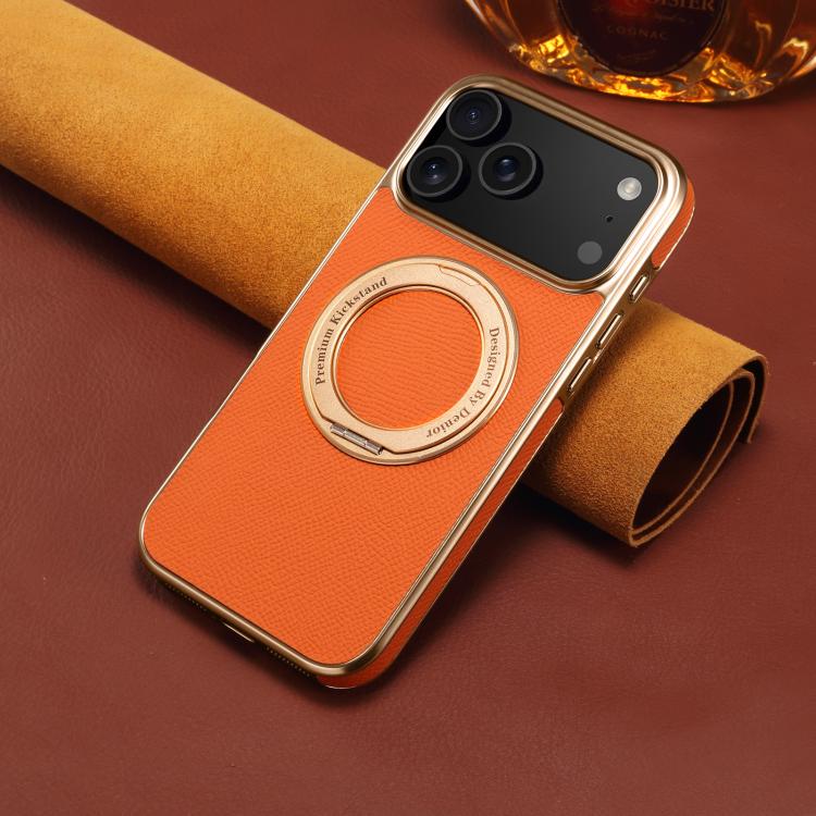 For iPhone 17 Pro Denior A23 Magnetic Holder Electroplating Genuine Leather Phone Case