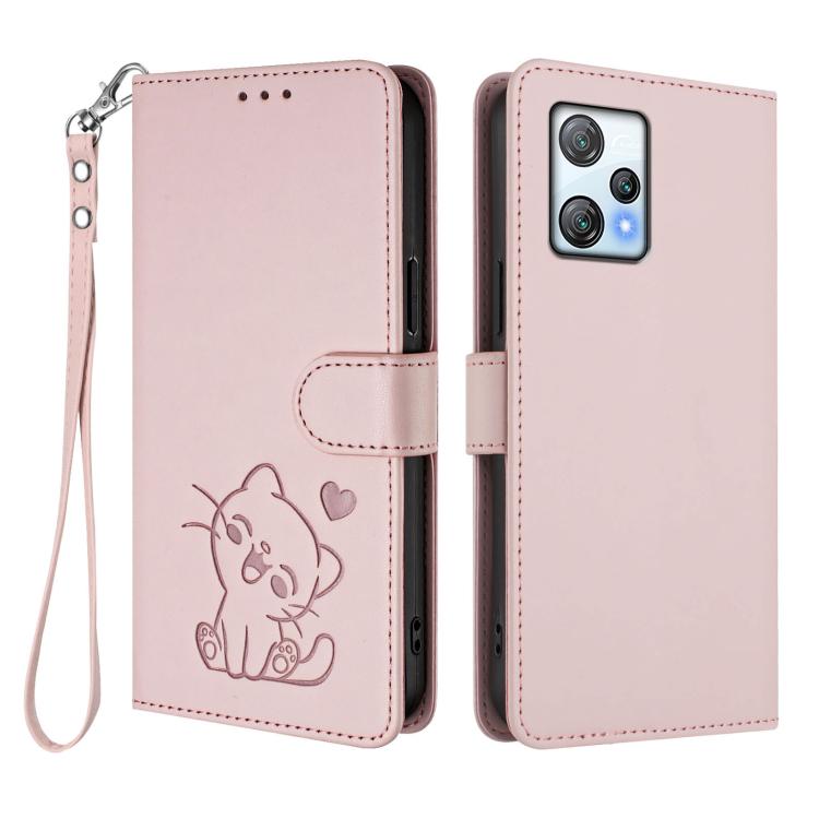 For Blackview A53 Embossed Heart Cat Leather Phone Case with Hand Strap
