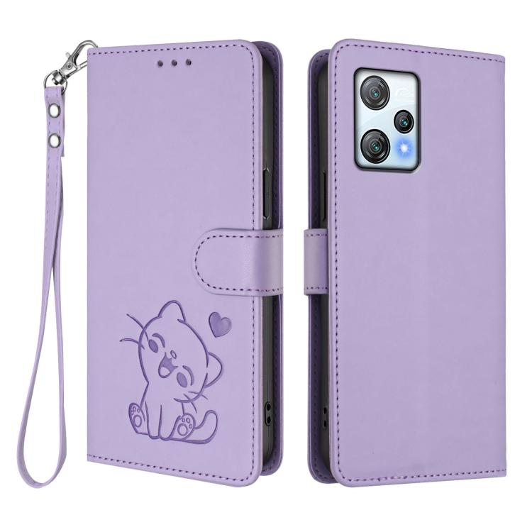 For Blackview A53 Embossed Heart Cat Leather Phone Case with Hand Strap