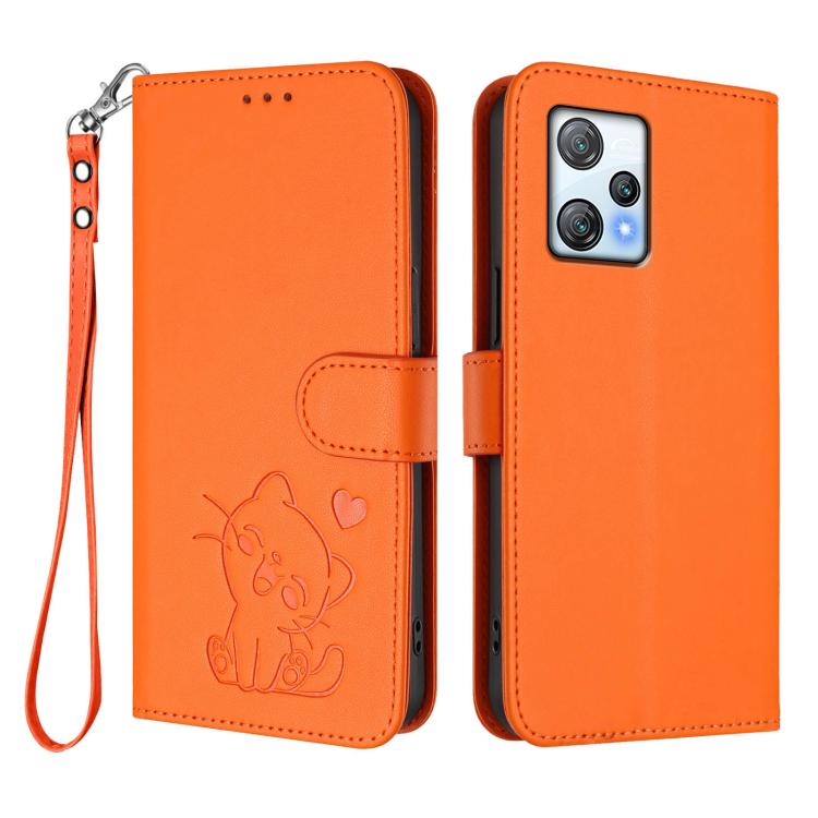 For Blackview A53 Embossed Heart Cat Leather Phone Case with Hand Strap