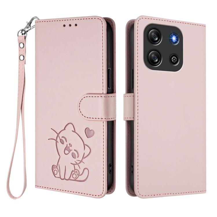 For Blackview Oscal Flat 1C Embossed Heart Cat Leather Phone Case with Hand Strap