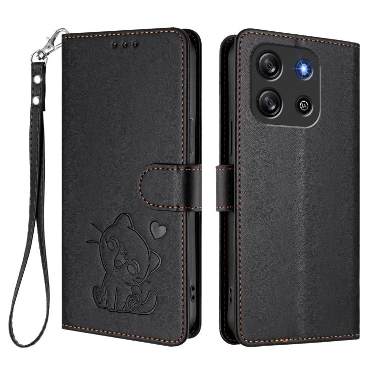 For Blackview Oscal Flat 1C Embossed Heart Cat Leather Phone Case with Hand Strap