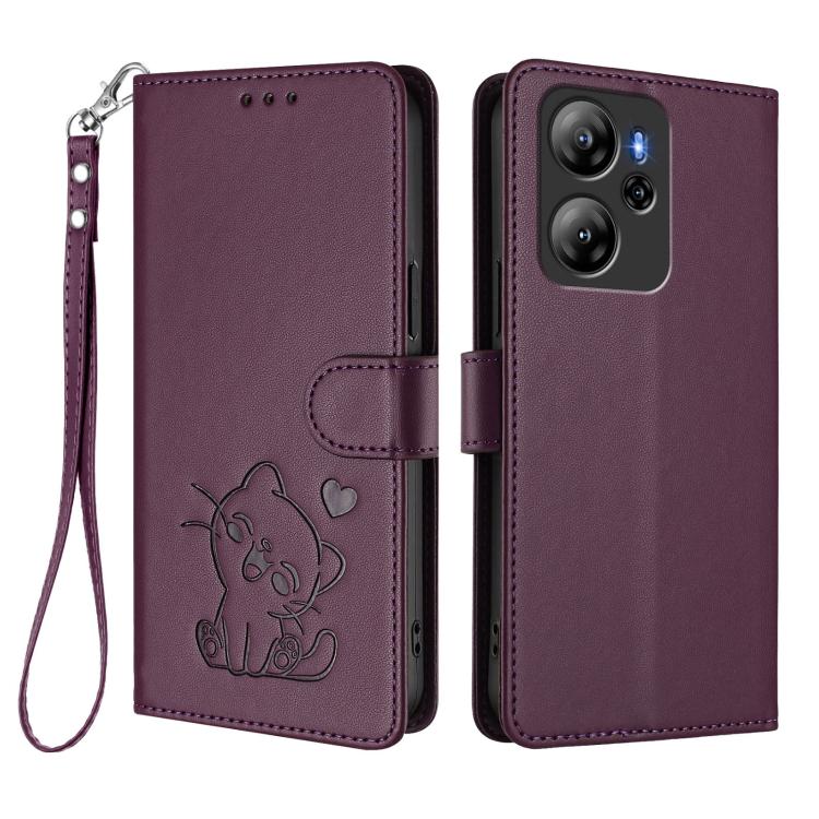 For Blackview Oscal Tiger 13 Embossed Heart Cat Leather Phone Case with Hand Strap