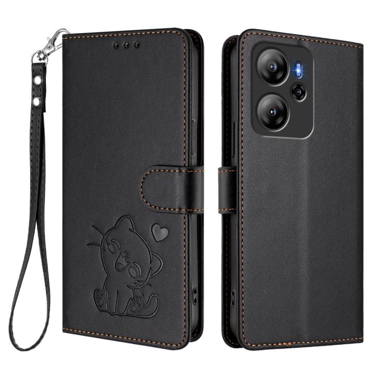 For Blackview Oscal Tiger 13 Embossed Heart Cat Leather Phone Case with Hand Strap