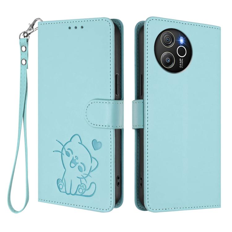 For Blackview Shark 8 / Oscal Tiger 12 Embossed Heart Cat Leather Phone Case with Hand Strap