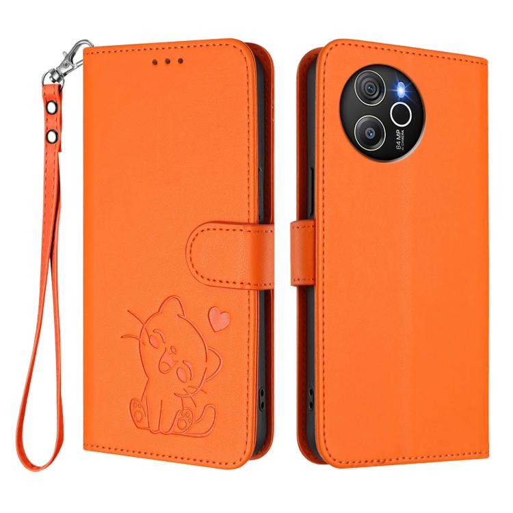 For Blackview Shark 8 / Oscal Tiger 12 Embossed Heart Cat Leather Phone Case with Hand Strap