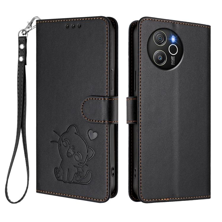 For Blackview Shark 8 / Oscal Tiger 12 Embossed Heart Cat Leather Phone Case with Hand Strap