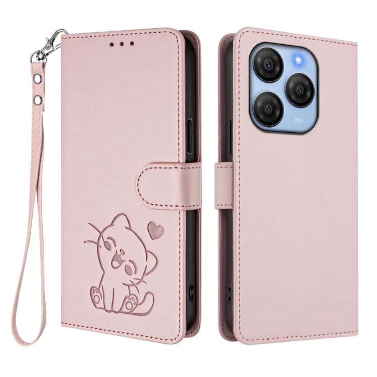 For Blackview Shark 9 5G Embossed Heart Cat Leather Phone Case with Hand Strap
