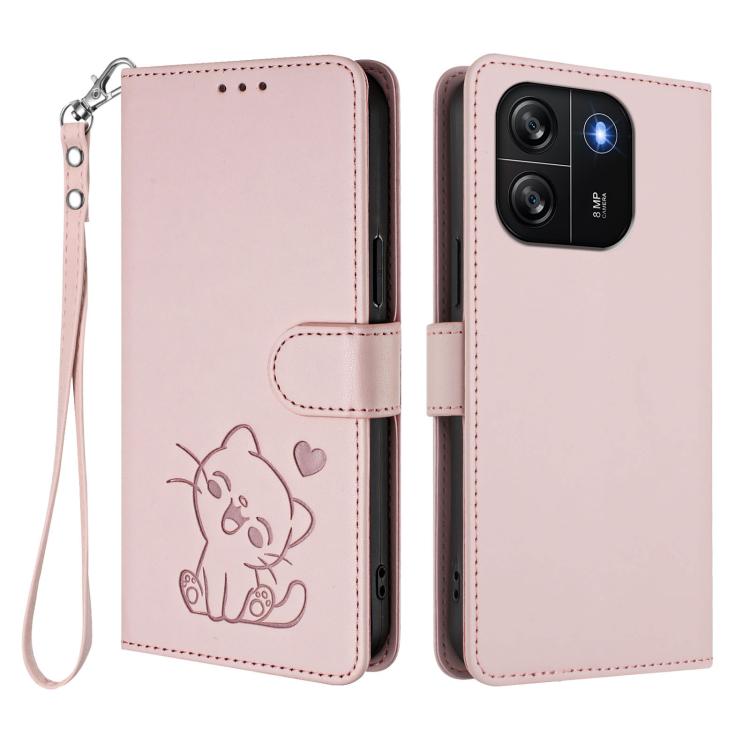 For Blackview Wave 6C Embossed Heart Cat Leather Phone Case with Hand Strap