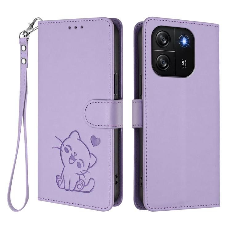 For Blackview Wave 6C Embossed Heart Cat Leather Phone Case with Hand Strap