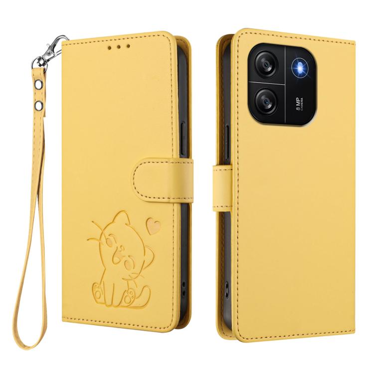 For Blackview Wave 6C Embossed Heart Cat Leather Phone Case with Hand Strap