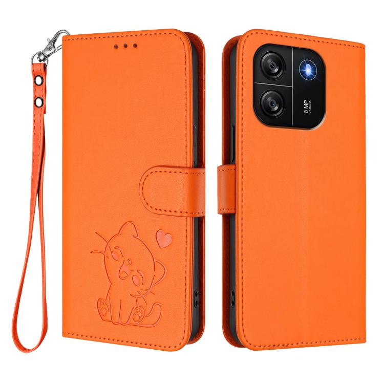 For Blackview Wave 6C Embossed Heart Cat Leather Phone Case with Hand Strap