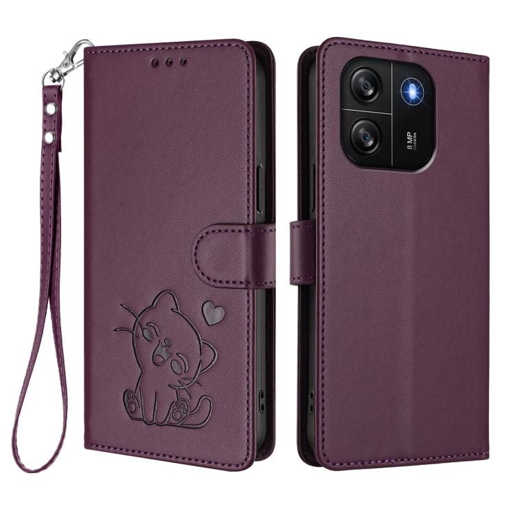 For Blackview Wave 6C Embossed Heart Cat Leather Phone Case with Hand Strap