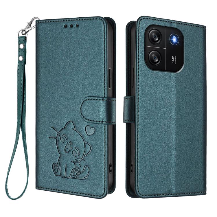 For Blackview Wave 6C Embossed Heart Cat Leather Phone Case with Hand Strap