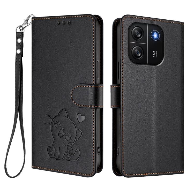 For Blackview Wave 6C Embossed Heart Cat Leather Phone Case with Hand Strap
