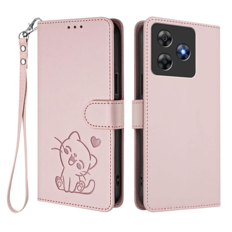 For Blackview Wave 8 / 8C / Oscal Flat 2 Embossed Heart Cat Leather Phone Case with Hand Strap