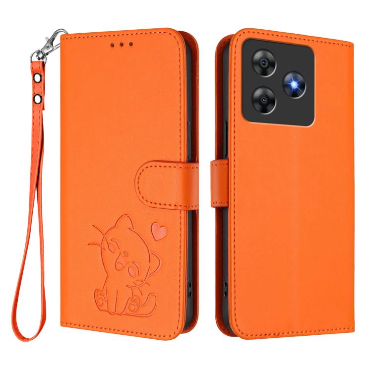 For Blackview Wave 8 / 8C / Oscal Flat 2 Embossed Heart Cat Leather Phone Case with Hand Strap