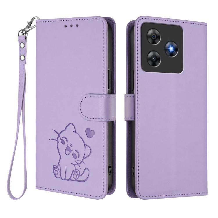 For Blackview Wave 8 / 8C / Oscal Flat 2 Embossed Heart Cat Leather Phone Case with Hand Strap