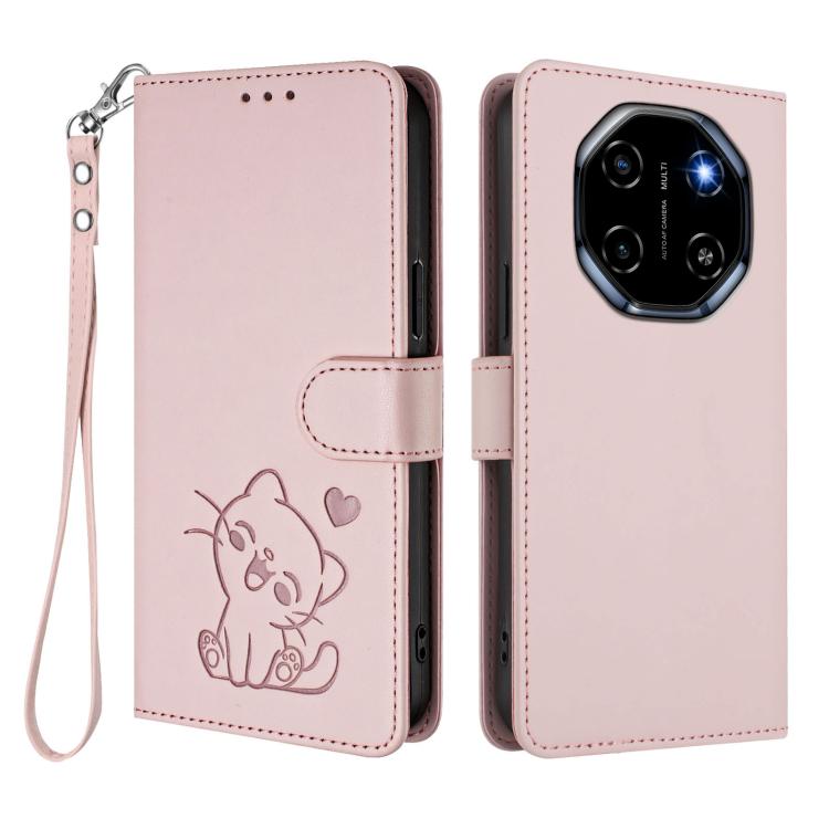 For Blackview SHARK 6 Embossed Heart Cat Leather Phone Case with Hand Strap