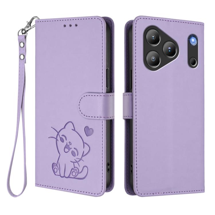 For Blackview Wave 7C Embossed Heart Cat Leather Phone Case with Hand Strap